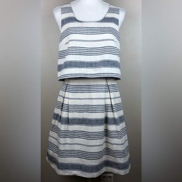 Madewell Sleeveless Linen Blend Back Overlay Mini Dress in Navy Chambray Stripe - Picture 6 of 10